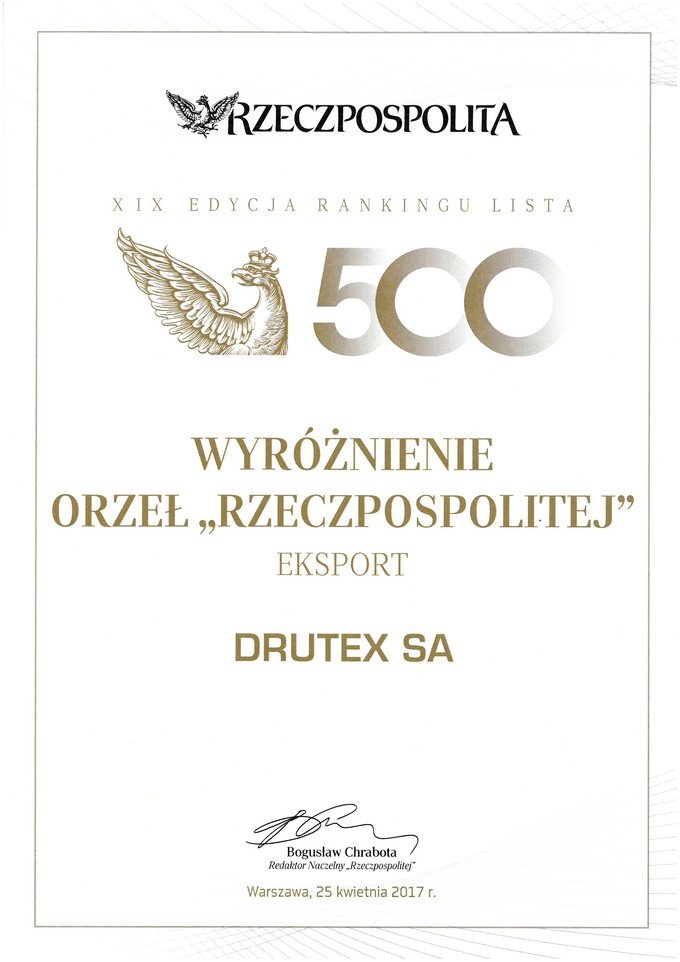 Drutex e stata distinta per l'exsport e la nomina Eagle "Rzeczpospolita"